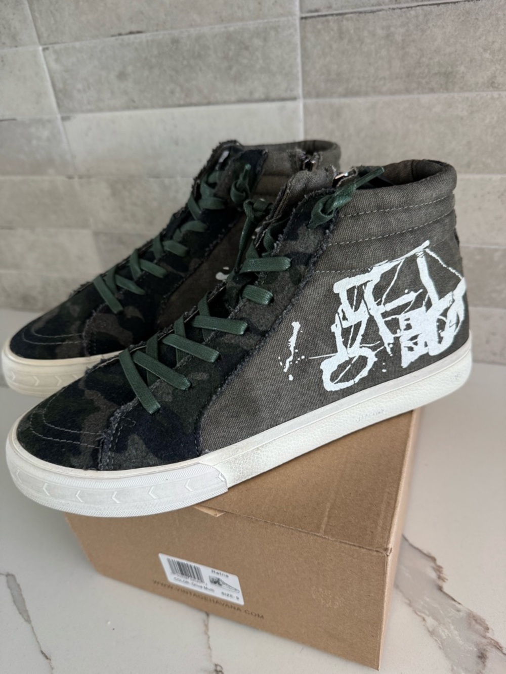 Vintage Havana Olive Multi High-Top Sneakers with Camo and Graffiti Design